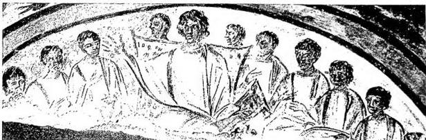 Above: JESUS CHRIST ENTHRONED AMONG THE APOSTLES. Fresco of the cemetery of Domitilla (4th cent.) - Rome. Centre: BUST OF JESUS CHRIST. Detail of the mosaic decoration of the oratory of St. Andrew (6th cent.) - Ravenna, Archiepiscopal Palace. Below: DOMINUS LEGEM DAT. (The pacem of the inscription is an error for legem). Mosaic (4th cent.) - Rome, mausoleum of St. Constance.