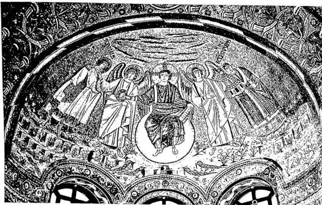 Above: JESUS CHRIST SEATED ON THE GLOBE BETWEEN TWO ANGELS, ST. VITALIS AND ST. ECCLESIUS. Mosaic of the apse of St. Vitalis (6th cent.) - Ravenna. Below: JESUS CHRIST ENTHRONED AMONG FOUR ANGELS. Detail of the mosaic of the right side of the nave of St. Apollinaris the New (6th cent.) - Ravenna.