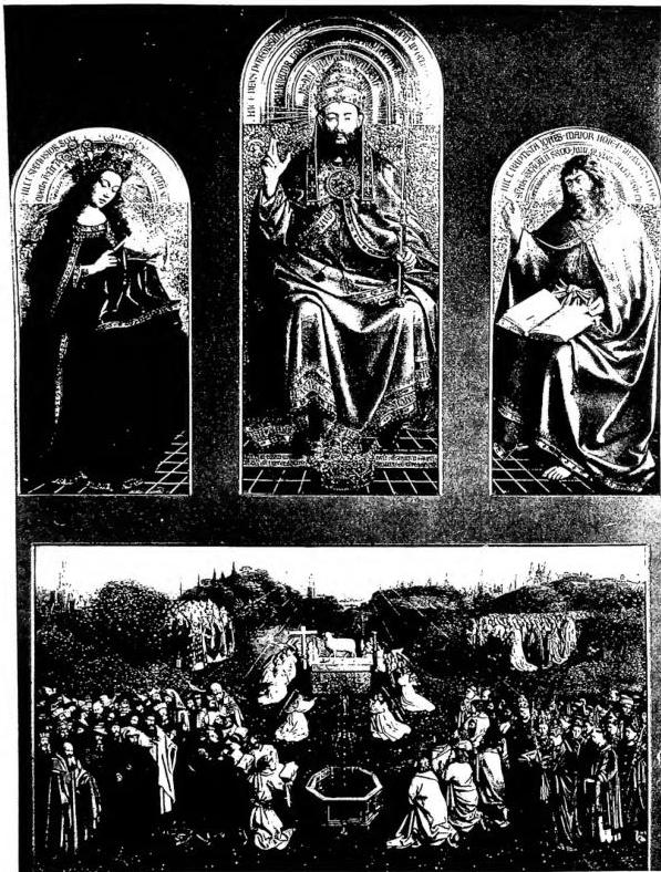 CHRIST HIGH PRIEST AND MYSTIC LAMB ON THE ALTAR. Detail of the polyptych by J. van Eyck, completed on 6 May 1432 - Ghent, Cathedral.