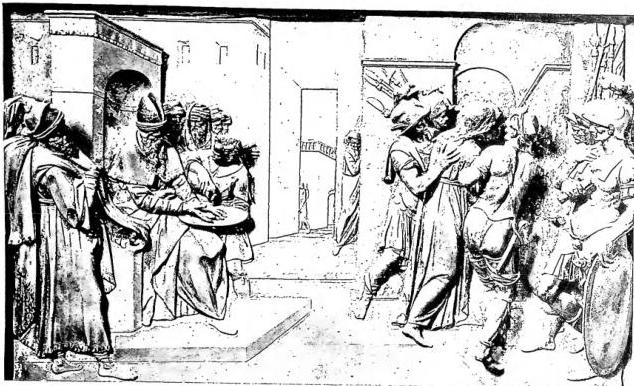 Above: CHRIST SENT BACK BY PILATE. Bas-relief in the Palazzo dell'Università of Genoa.
