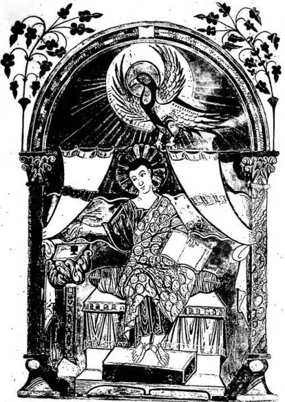 A sinistra: L'EVANGELISTA IN ATTO DI SCRIVERE. Miniatura dell'Evangelario di Lorach (sec. IX) - Biblioteca Vaticana. A destra: L'EVANGELISTA CON LIBRO IN MANO. Miniatura premessa al Vangelo di s. Giovanni (sec. XII) - Roma, Biblioteca Casanatense, codice greco 165, fol. 131 v.