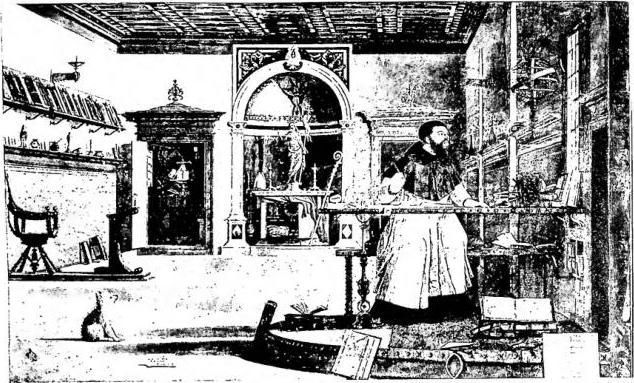 Above: ST. JEROME IN HIS STUDY. Painting by Vittore Carpaccio (1502-11) - Venice, church of S. Giorgio degli Schiavoni. Below: THE SAINT IN PRAYER IN THE DESERT. Painting by Jacopo Bassano (16th cent.) - Venice, Accademia di Belle Arti.