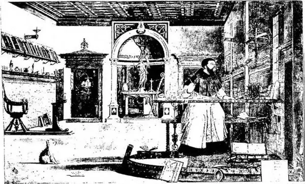 Above: ST. JEROME IN HIS STUDY. Painting by Vittore Carpaccio (1502-11) - Venice, church of S. Giorgio degli Schiavoni. Below: THE SAINT IN PRAYER IN THE DESERT. Painting by Jacopo Bassano (16th cent.) - Venice, Accademia di Belle Arti.