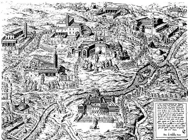 Above: THE SEVEN CHURCHES OF ROME, drawn for the use of pilgrims of the Holy Year Jubilee of 1575 - Rome, copy in the Biblioteca nazionale. Below: OPENING OF THE HOLY DOORS IN THE FOUR BASILICAS for the Jubilee of 1725. Print - Biblioteca Vaticana.