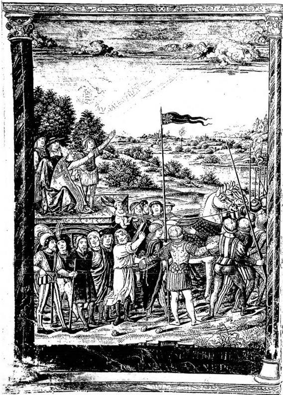TRIUMPH OF JULIUS II. 'Hierusalem Syon que tuus pater ecce triumphat - Julius expulsis hostibus atque nepos,,. Miniature of the early years of the 16th cent. from the Johannis Michaelis Nagonii, ad divum Iulium II et Franciscum Mariam Nepotem Carminum Libri VIII - Biblioteca Vaticana, cod. Vat. lat. 1682, f. 8v.