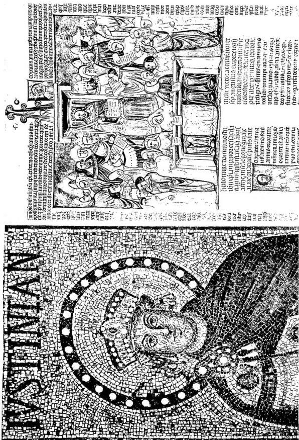 Left: PORTRAIT OF EMPEROR JUSTINIAN. 6th cent. mosaic - Ravenna, church of S. Apollinare Nuovo. Right: INSTITUTIONES WITH GLOSS AND MINIATURE WITH JUSTINIAN AMONG THE MAGISTRATES - Biblioteca Vaticana, Urb. lat. 164, f. 1r (14th cent.).