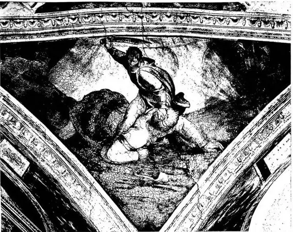 DAVID KILLS THE GIANT GOLIATH Fresco by Michelangelo (1508-12) - Vatican, Sistine Chapel.
