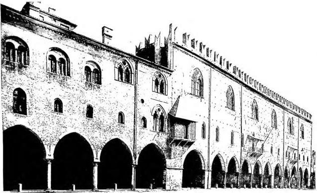 Above: FACADE OF THE DUCAL PALACE (14th-15th cent.) - Mantua. Below: LODOVICO II WITH HIS WIFE AND THE CHILDREN OF FEDERICO. Detail of the fresco by Andrea Mantegna - Mantua, Palazzo Ducale, or Reggia dei Gonzaga.