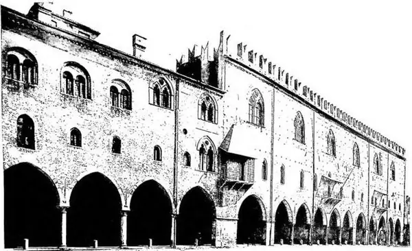Above: FACADE OF THE DUCAL PALACE (14th-15th cent.) - Mantua. Below: LODOVICO II WITH HIS WIFE AND THE CHILDREN OF FEDERICO. Detail of the fresco by Andrea Mantegna - Mantua, Palazzo Ducale, or Reggia dei Gonzaga.