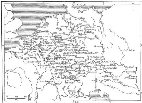 Historical map of the reform movement of the abbey of G. (10th-12th century)