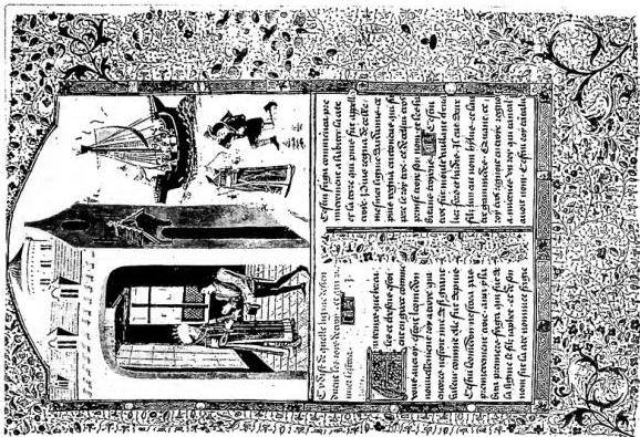 Left: ITALIAN GOTHIC MINUSCULE. Missale secundum consuetudinem Romane curie. Miniature attributed to the Sienese school of the late 14th cent. - Amsterdam, antiquarian market. Right: BASTARD GOTHIC MINUSCULE (15th cent.). French version of the romanced History of the Romans - Rome, Biblioteca Casanatense, cod. 233 (formerly A. 1.8) f. 147 f.