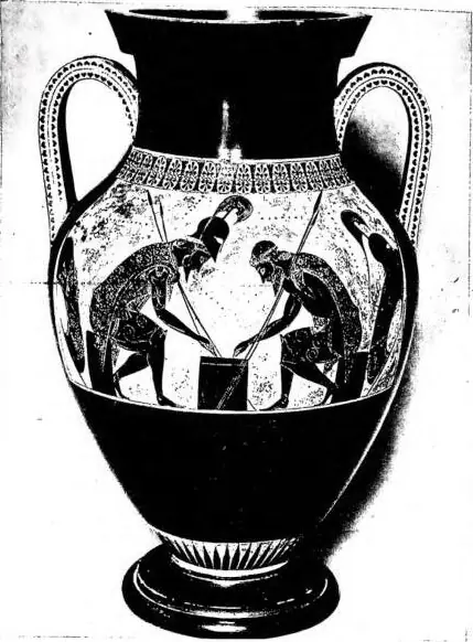 Left: AJAX AND ACHILLES PLAYING DICE. Vase painting by Exekias (mid-6th cent. B.C.) - Vatican, Museo Gregoriano Etrusco. Right: ATHENA. Attic vase painting (ca. 470) - Vatican, Museo Gregoriano Etrusco.