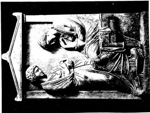 Left: FUNERARY STELE FOUND AT PIRAEUS (4th cent. B.C.) - Athens, National Museum. Right: GREEK VERSION OF THE BIBLE: Book of Job with catena. The miniature represents Job answering the three friends - Biblioteca Vaticana, cod. Vat. grec. 749 f. 63 v (9th cent.).