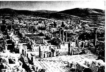 Above left: PANORAMA. In the foreground remains of the ancient city. Above right: REMAINS OF THE ROMAN THEATRE. Below left: RUINS OF A ROMAN BUILDING. Below right: ROMAN STREET AND RUINS.