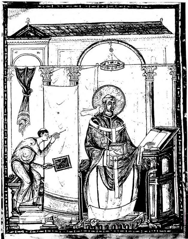 GREGORY I DICTATING. The deacon Peter observes the dove, symbol of the Holy Spirit, resting on the Pope's shoulders. Miniature from the Registrum S.ti Gregorii (10th cent.) - Trier, Stadtbibliothek.