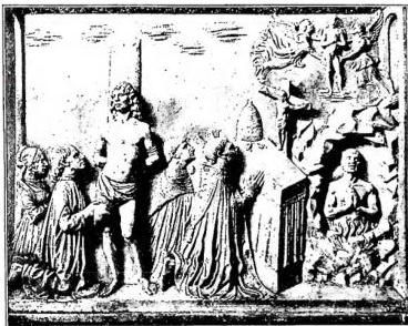 GREGORIO I. PAPA, santo - S. G. Magno libera un'anima dal Purgatorio. Paliotto marmoreo di Luigi da Milano (1470) - Roma, chiesa di S. Gregorio al Celio.