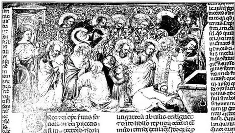 Decretals with a miniature depicting the funeral of the Virgin, a signed work by Niccolò da Bologna (14th century). In the initial G. the portrait of G. IX - Amsterdam, Antiquarian Market 1929.