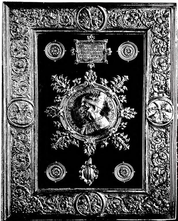FRONT COVER IN LEATHER AND SILVER OF THE GRIMANI BREVIARY (late 15th cent.) with the portrait of doge Antonio G. father of the cardinal - Venice, Biblioteca di S. Marco.