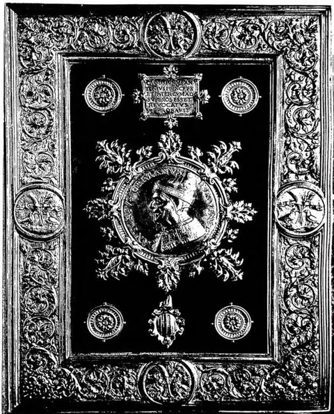 FRONT COVER IN LEATHER AND SILVER OF THE GRIMANI BREVIARY (late 15th cent.) with the portrait of doge Antonio G. father of the cardinal - Venice, Biblioteca di S. Marco.