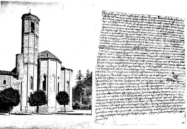 A sinistra: CHIESA DI S. FRANCESCO VISTA DALL'ABSIDE. Edificio iniziato da fra' Bevignate nel 1259, terminato nel 1292. A destra: BENTIVOLLO VESCOVO DI GUBBIO CEDE IL TERRENO PER EDIFICARVI LA NUOVA CATTEDRALE (1188-94). Pergamena dell'Archivio della Cattedrale.