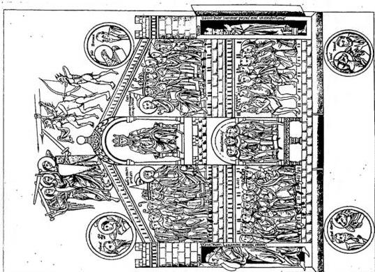 Left: CRUCIFIXION. Miniature from the Hortus deliciarum, f. 150° (1230) - Paris, Bibliothèque nationale.