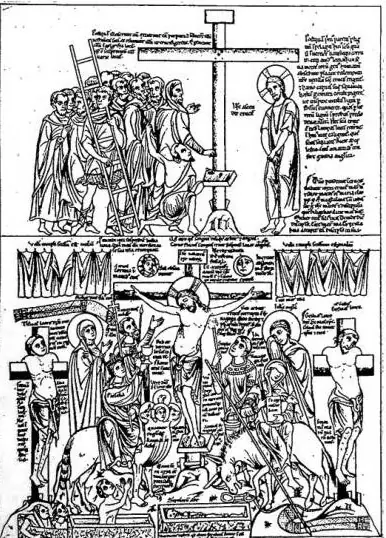 A sinistra: CROCIFISSIONE. Miniatura dell'Hortus deliciarum, f. 150° (1230) - Parigi, Biblioteca nazionale. A destra: LA CHIESA. Miniatura dell'Hortus deliciarum, f. 225° (1230) - Parigi, Biblioteca nazionale.