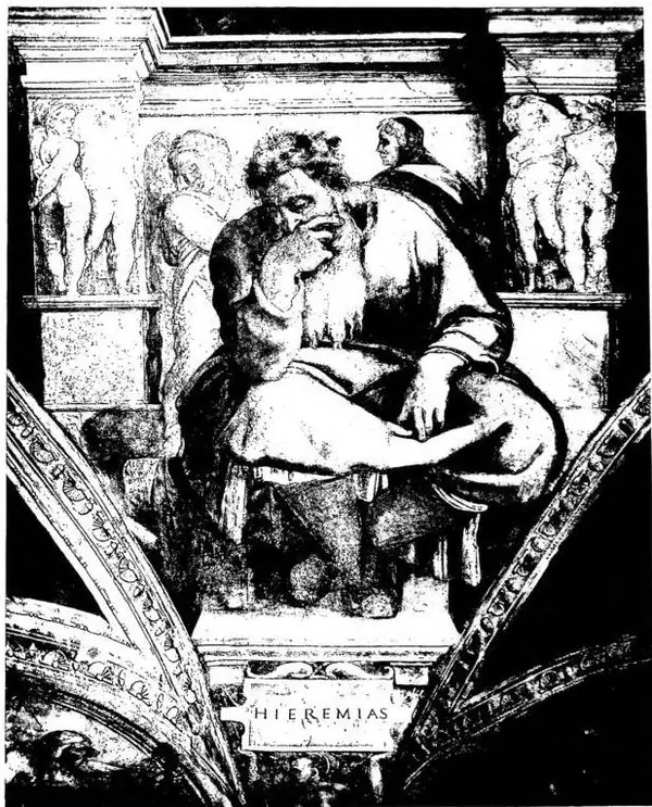 THE PROPHET JEREMIAH Fresco by Michelangelo (1508-12). Vault of the Sistine Chapel.