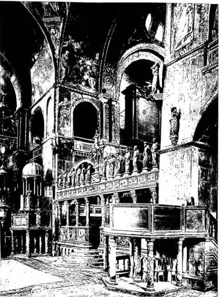 Left: ICONOSTASIS OF WESTERN TYPE from the 12th cent. with sculptures by Jacobello and Pier Paolo dalle Masegne (1394) and bronze and silver cross by Jacopo di Marco Renato (1393) - Venice, basilica of S. Marco. Right: ICONOSTASIS OF EASTERN TYPE (17th cent.) - Patino, Monastery of S. Giovanni.