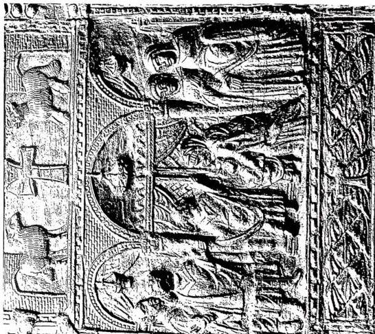 Above left: VOTIVE LAMP IN SILVER (5th cent.) - Rome, basilica of SS. Silvestro e Martino ai Monti. Centre left: INTERIOR OF THE BASILICA OF TOURS WITH LIGHTING. Detail of the apse musician of the basilica of S. Ambrogio (5th cent.) - Milan. Below left: GILDED COPPER CROWN DONATED BY FREDERICK BARBAROSSA for the lighting of the Cathedral in memory of his coronation. Work of the goldsmith Wiberio (second half of the 12th cent.) - Aachen. Right: INTERIOR OF A SACRED BUILDING WITH HANGING CROWN AND LAMPS (GABATE) (5th cent.). Left side of an ivory casket - Pola, Civic Museum.