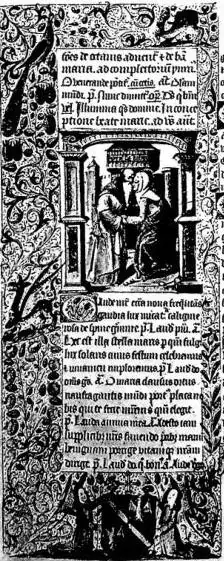 A sinistra: INCONTRO DI GIOACCHINO ED ANNA. Miniatura per illustrare la festa: In Concepzione beate Marie. Breviario di Besançon o breviario di Carlo di Neufchâtel - Besançon, Biblioteca municipale, manoscritto 69, p. 346 (fine sec. xv). A destra: LA VERGINE IMMACOLATA con le raffigurazioni simbolic