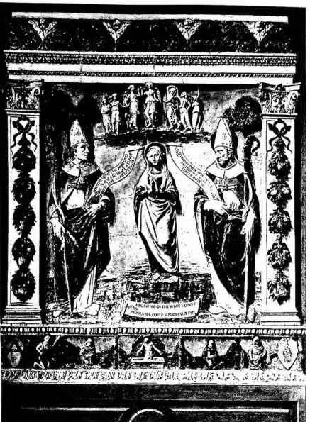 A sinistra: LA VERGINE IMMACOLATA TRA S. ANSELMO E S. AGOSTINO. Rilievo in terracotta inveteriata di Giovanni della Robbia (sec. XV) - Empoli, Collegiata. A destra: PARTICOLARE DEL QUADRO DELL'IMMACOLATA di B. E. Murillo (sec. XVII) - Parigi, Louvre.