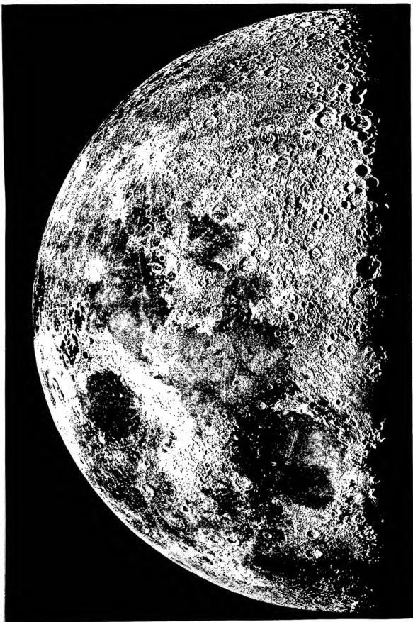 PARTIAL SURFACE OF THE MOON. Above left: Mare Crisium; centre: Mare Tranquillitatis. Mare Serenitatis; Below: part of the Apennine range. Above right: Mare Foccunditatis, Mare Nectaria; below: Lunar lands with the great craters of Ptolemy, Alphonso, Arzachel, Theophilus, Cyrillus, Catharina etc.