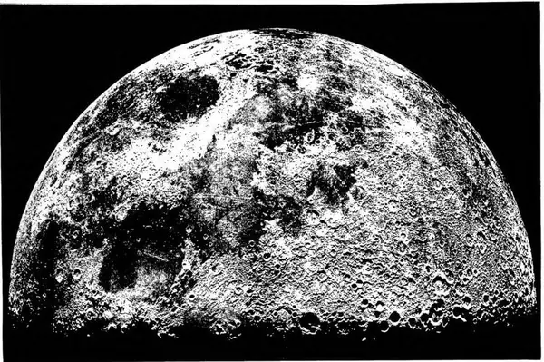 PARTIAL SURFACE OF THE MOON. Above left: Mare Crisium; centre: Mare Tranquillitatis. Mare Serenitatis; Below: part of the Apennine range. Above right: Mare Foccunditatis, Mare Nectaria; below: Lunar lands with the great craters of Ptolemy, Alphonso, Arzachel, Theophilus, Cyrillus, Catharina etc.