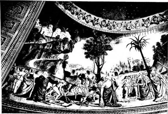 Above: DISCOVERY OF THE CROSSES, in the presence of St. Helena. Fresco of Umbrian-Marchigian school executed ca. 1492 for Card. Carvajal - Rome, S. Croce in Gerusalemme. Below: EXALTATION OF THE TRUE CROSS. Fresco of Umbrian-Marchigian school - Rome, basilica of S. Croce in Gerusalemme.