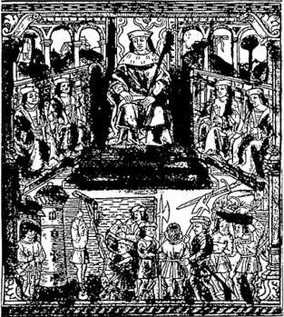 Above left: PENALTIES INFLICTED ON THE GUILTY OF MALEFICE. Colour engraving by Angelo Gambillonibus de Aretio in Compendium de Maleficiis, Lyon ca. 1490 - Paris, National Library. Above right: MAGIC CIRCLES WITH VOWELS. 16th cent. codex containing various works on astrology and occult sciences - Biblioteca Vaticana, cod. Reg. lat. 1324, f. 54. Below: TRACTATUS CONTRA DEMONUM INVOCATORES (s. l. ca. 1487), ff. 147 v-148. Copy from the Biblioteca Vaticana.
