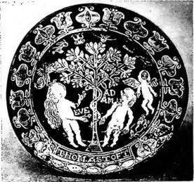 Above left: LARGE DISH WITH THE LION OF FLORENCE (15th cent.) - Paris, Louvre. Above right: ADAM AND EVE. Dish decorated in white on an olive-green ground (ca. 1670). Work by Thomas Toft (Straffordshire). Centre: ORPHEUS CHARMING THE ANIMALS. Bowl by Nicola Pellipario (16th cent.) - Venice, Museo Correr. Below: ROMAN MAIOLICA BOWLS OF THE FAENZA TYPE (14th cent.) - Rome, Museo di Palazzo Venezia.