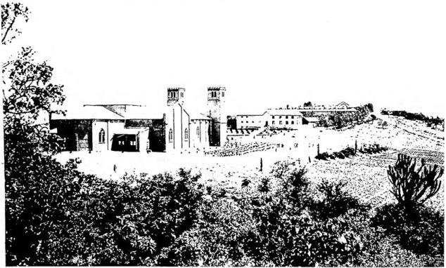 Above: CATHEDRAL AND ARRANGEMENT OF THE COLLEGIATE CHURCHES. Facade of the main building of the indigenous convent. The colleges and higher schools in the background. Below: FOUNDATIONS OF THE GREAT SCHOOLS: in the foreground convent of the indigenous sisters, seen from the front; in the background the Cathedral with the parish annexes in the centre.