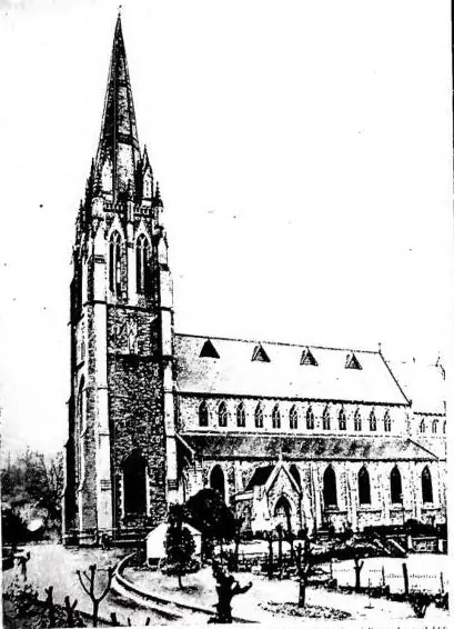 Left: FACADE OF ST. EUGENE'S CATHEDRAL (mid-13th cent.) with modern restorations - Derry. Right: BELL TOWER AND SIDE OF THE CATHEDRAL (late 14th cent.), with modern restorations - Dungannon, County Tyrone in Northern Ireland.