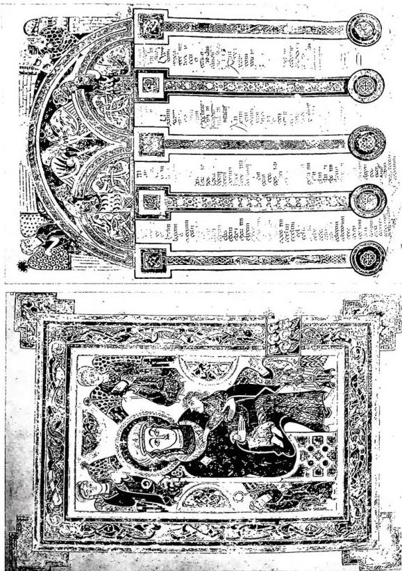 Left: THE VIRGIN WITH THE CHILD AND FOUR ANGELS. Miniature from the Book of Kells, f. 7r (second half 8th cent. - beginning 9th cent.) - Dublin, Library of Trinity College. Right: EUSEBIAN CANON. Above, the four symbols of the Evangelists. From the Book of Kells, f. 5r (second half 8th cent. - beginning 9th cent.) - Dublin, Library of Trinity College.