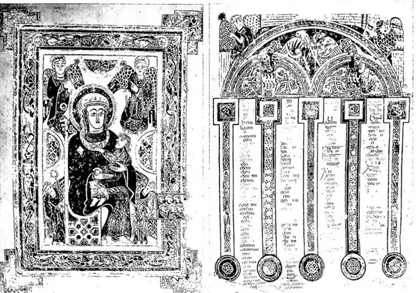 Left: THE VIRGIN WITH THE CHILD AND FOUR ANGELS. Miniature from the Book of Kells, f. 7r (second half 8th cent. - beginning 9th cent.) - Dublin, Library of Trinity College. Right: EUSEBIAN CANON. Above, the four symbols of the Evangelists. From the Book of Kells, f. 5r (second half 8th cent. - begin