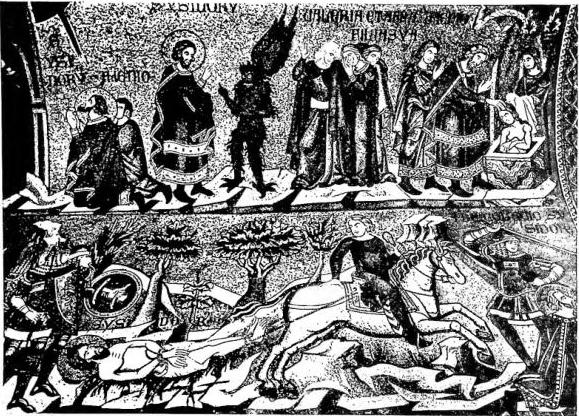Above: THE SAINT EXORCISES VALERIA AND AFRA, scenes of martyrdom. Below: THE PRIEST CERBANUS STEALS THE SAINT'S BODY; the doge reproaches Cerbanus. Mosaic of the chapel of S. Isidoro (1354-55) - Venice, basilica of S. Marco.