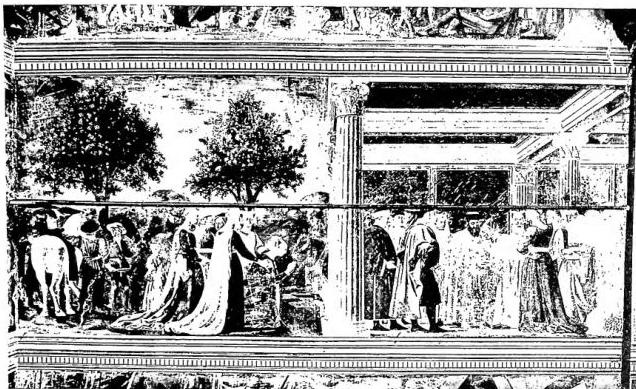 Above: THE QUEEN OF SHEBA KNEELING REFUSES TO CROSS THE BRIDGE made with the wood of the tree of sin; meeting with Solomon in the palace. Fresco by Piero della Francesca (ca. 1465) - Arezzo, church of St. Francis. Below: MAESTÀ BY SIMONE MARTINI (1315) - Siena, Palazzo Pubblico.