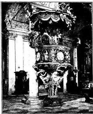 ITALY - Pulpit with sculptures by the Fantoni brothers (18th century) in the church of Alzano Maggiore (Bergamo).