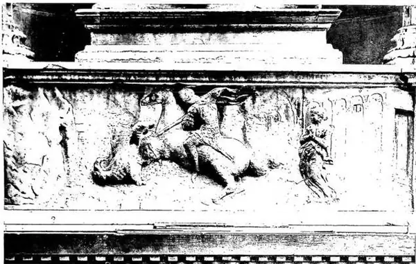 Above: ST. GEORGE KILLING THE DRAGON. Sculpture by Donatello (1416) - Florence, church of Orsanmichele. Below: RELIEF OF THE PULPIT OF THE CATHEDRAL (1229) - Bitonto.