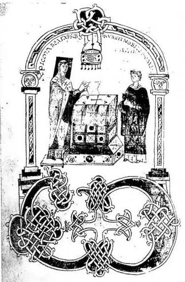 Left: BLESSING OF THE HOLY CHRISM. Miniature of the Sacramentary commissioned by Bishop Warmund (967-1015), represented with the «Signum viventis» - Ivrea, Chapter Library. Right: ALTARPIECE OF BLESSED WARMUND, work by Defendente Ferrari (1521). Note the realistic representation of the Eucharist - I