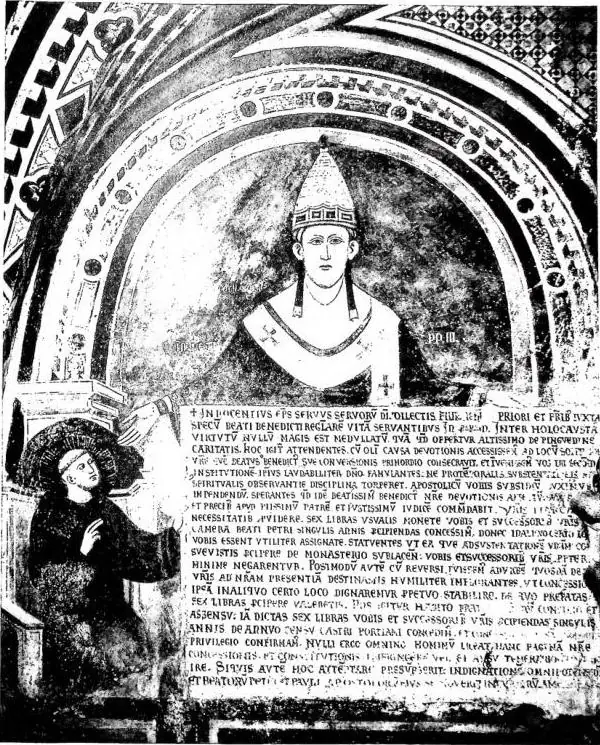 INNOCENT III HANDS ST. BENEDICT THE PAPAL PRIVILEGE FOR SUBIACO. Fresco by "Master Consolo" - Subiaco, Sacro Speco, lower church.