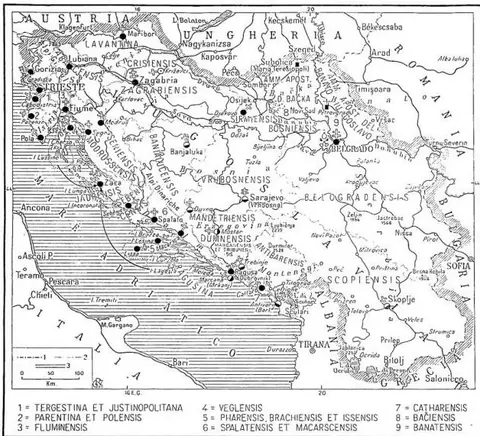 1) State borders; 2) railways. Part of the territory of the dioceses of Gorizia and Trieste-Capodistria is now, with the Peace Treaty of Feb. 10, 1947, under Y.