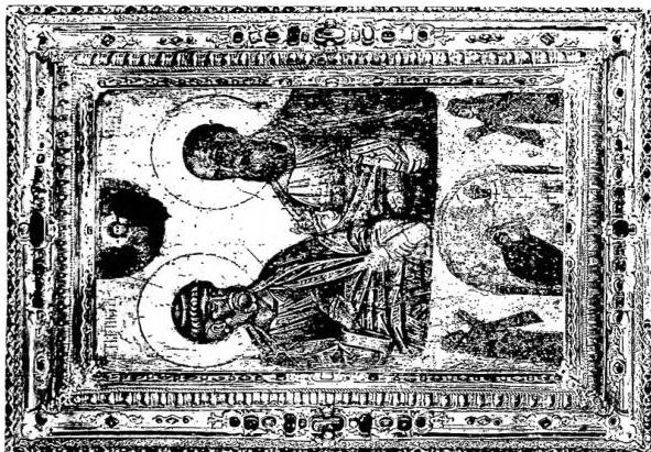 Left: VIRGIN MARY, ST. JOHN AND THE PIOUS WOMEN. Detail of the Crucifixion. Fresco of the 13th cent. - Monastery of Sopoćani (Serbia).