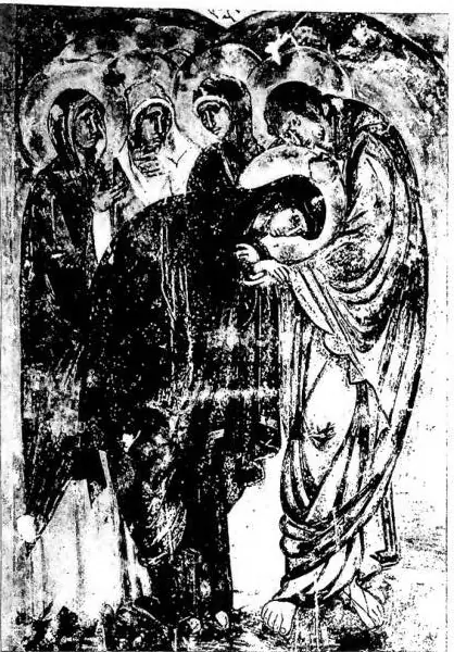 Left: VIRGIN MARY, ST. JOHN AND THE PIOUS WOMEN. Detail of the Crucifixion. Fresco of the 13th cent. - Monastery of Sopoćani (Serbia). Right: SAINTS PETER AND PAUL. Panel of Serbian art (late 13th cent.) - Basilica of St. Peter, Treasury.