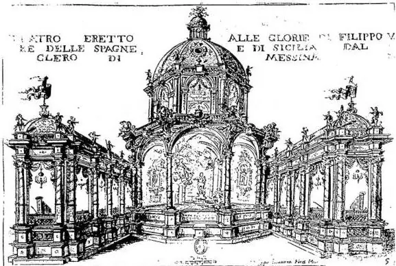 Above: STAGE SET FOR PHILIP V OF SPAIN, built by the clergy of Messina (1701). Below: PROJECT FOR A PALACE by cav. Cesare Beneasai in Lucca - Turin, Royal Library.